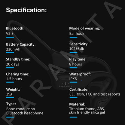 PARAMITA R8 Real Bone Conduction Bluetooth Headphone Wireless BT5.3 Waterproof Sports Headset with Mic for Workouts Run Driving