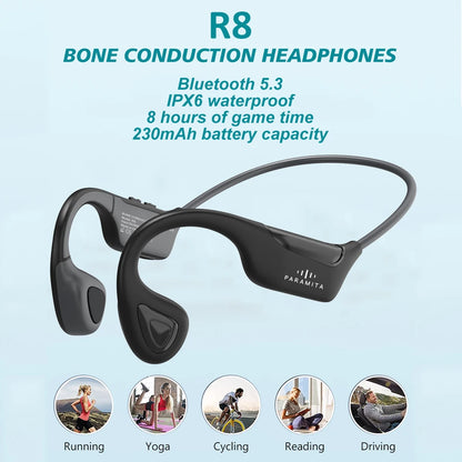 PARAMITA R8 Real Bone Conduction Bluetooth Headphone Wireless BT5.3 Waterproof Sports Headset with Mic for Workouts Run Driving